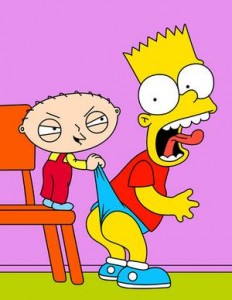 Stewie Griffin from Family Guy giving Bart Simpson a wedgie.